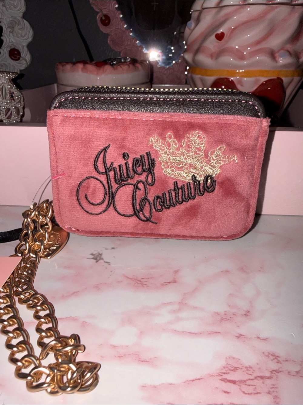 Juicy Couture “the key to juicy” Chateau Rose Velvet Zip Wallet with Gold Chain
